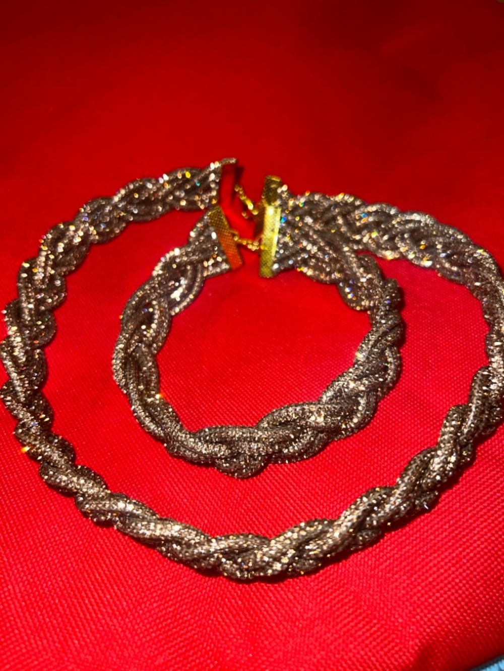 Bling rhinestone Braided Gold-Tone Necklace and Bracelet Set